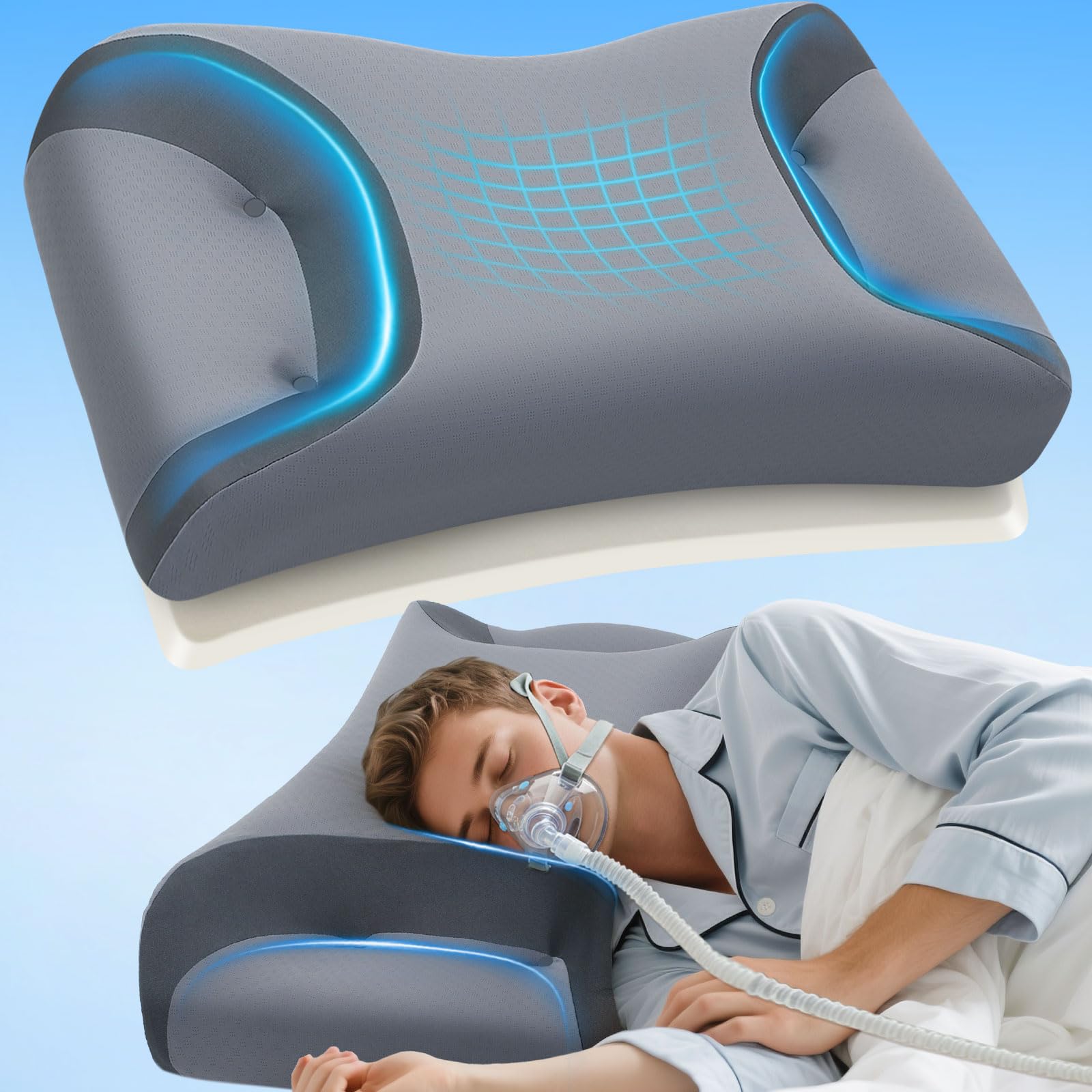 IKSTAR CPAP pillow side view highlights ample cutouts for mask comfort and reduced pressure.