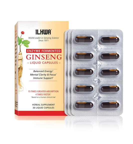 ILHWA enzyme fermented ginseng bottle front shows premium capsules for daily use.