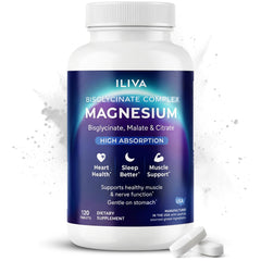 ILIVA Magnesium Glycinate bottle on white promoting calm nights and steady energy.
