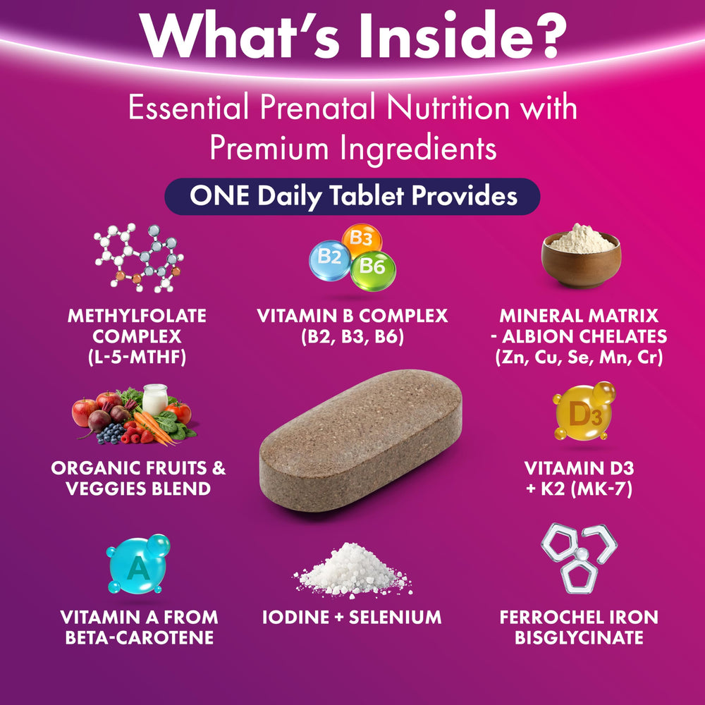 Close-up of ILIVA prenatal tablets designed for easy daily use.