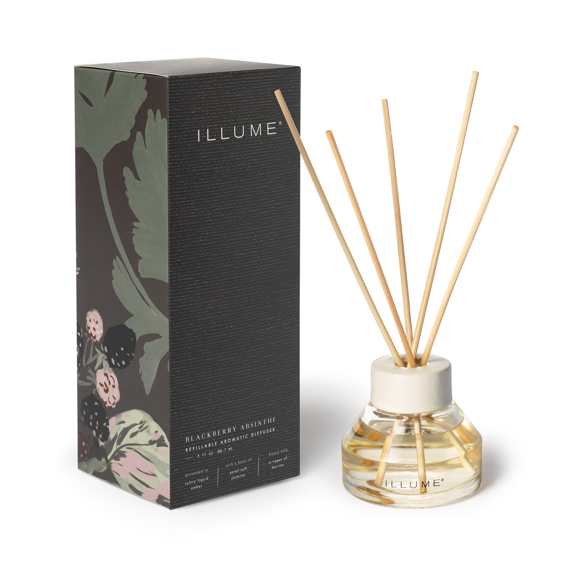 Illume Beautifully Done Blackberry Absinthe diffuser bottle highlighting amber hues for mood-enhancing aroma.