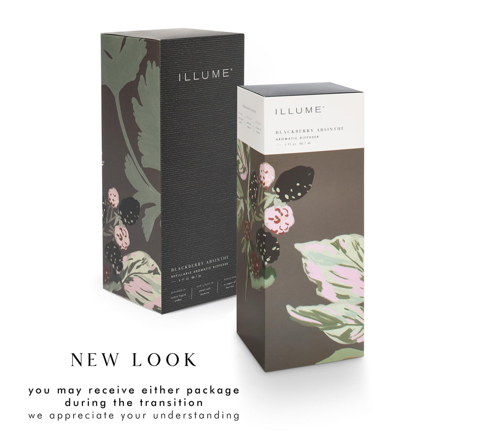 Illume Blackberry Absinthe reeds rest in diffuser, illustrating steady scent dispersion.