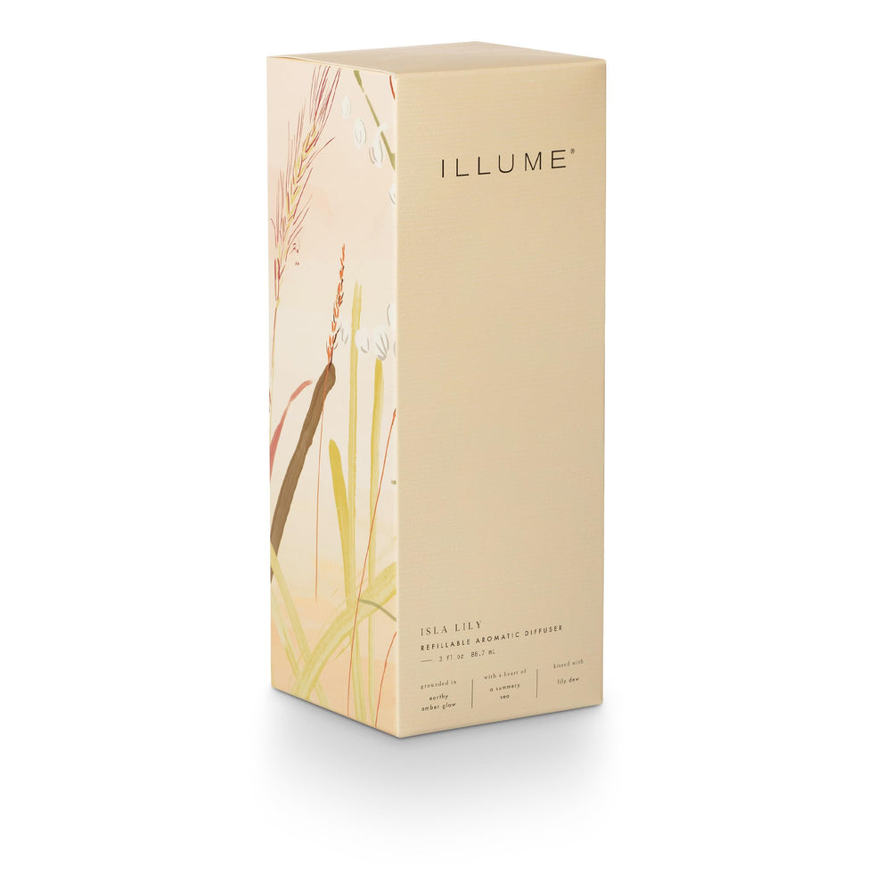 Illume Isla Lily diffuser on tabletop provides subtle scent for living rooms