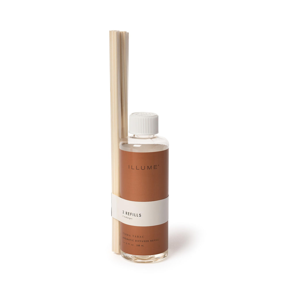 Illume Terra Tabac diffuser refill bottle delivering cashmere musk warmth and orange brightness.