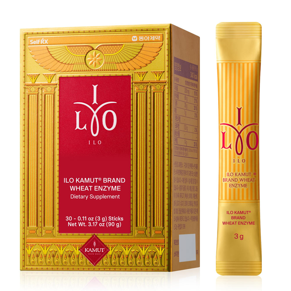 ILO Kamut Enzyme Complex stick-pack on desk for post-meal comfort and convenience.