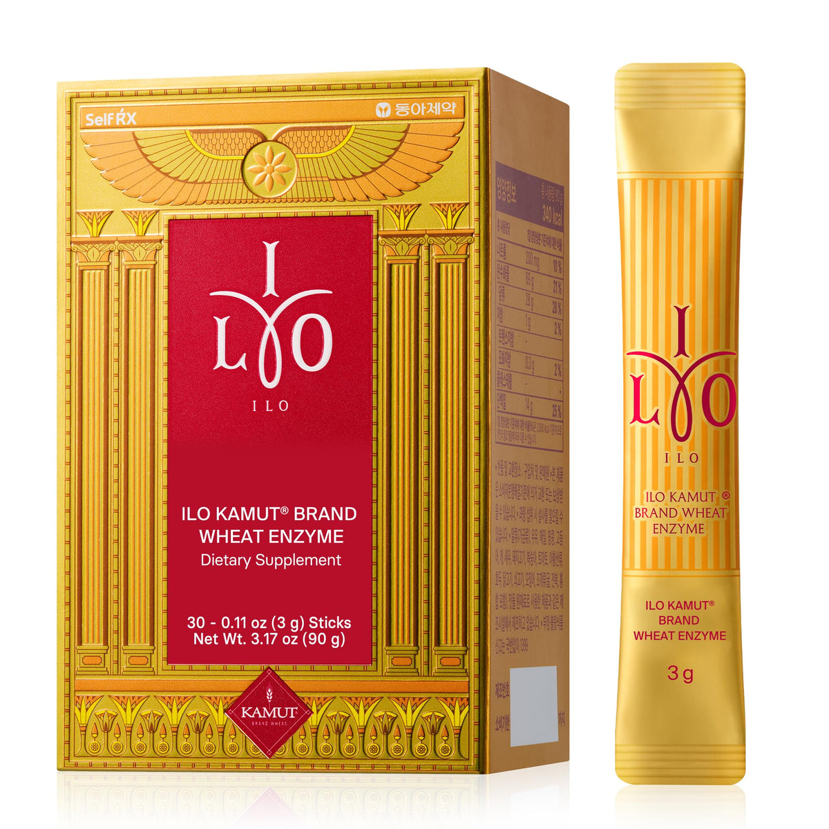 ILO Kamut Enzyme Complex stick-pack on desk for post-meal comfort and convenience.