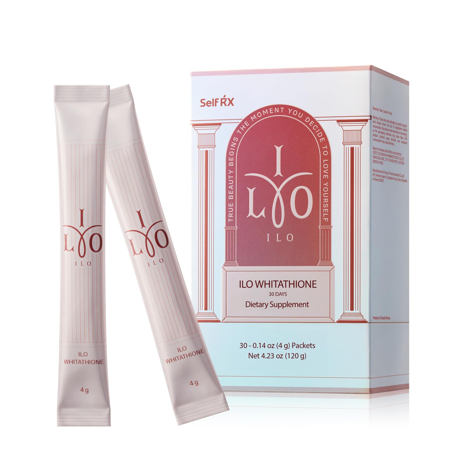 ILO Whitathione stick-pack front view for convenient daily glow support on the go.