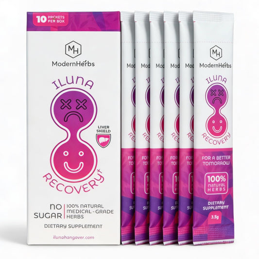 Iluna Recovery pebbles pack close-up for on-the-go hangover support.