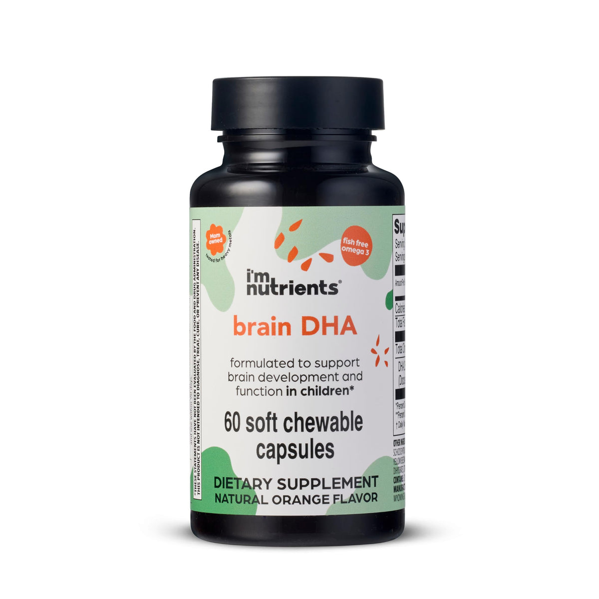 I'm Nutrients Brain DHA bottle shows algae-based omega-3 for kids' focus