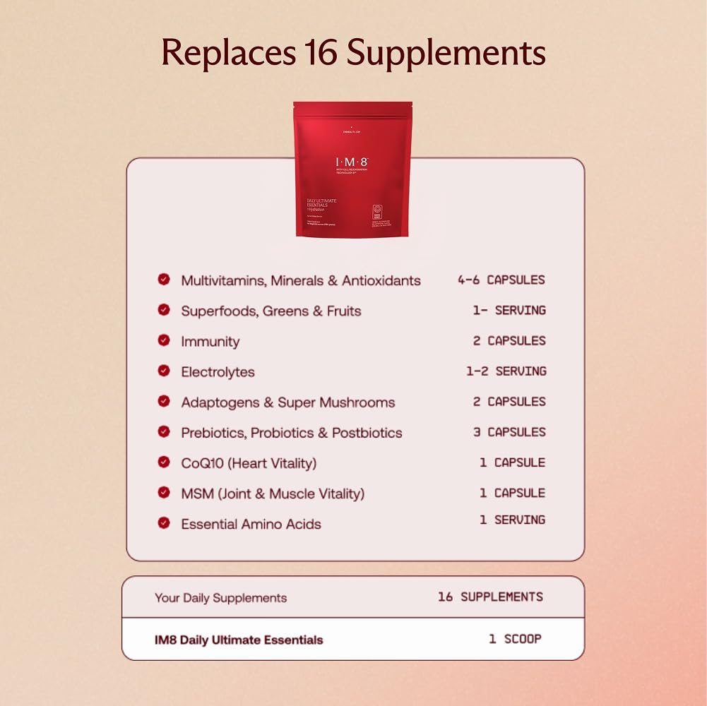 IM8 probiotics and greens visible in powder suggesting digestion support possibilities