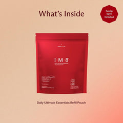 IM8 Daily Ultimate Essentials glass shows acai mixed berry flavor with a smooth finish