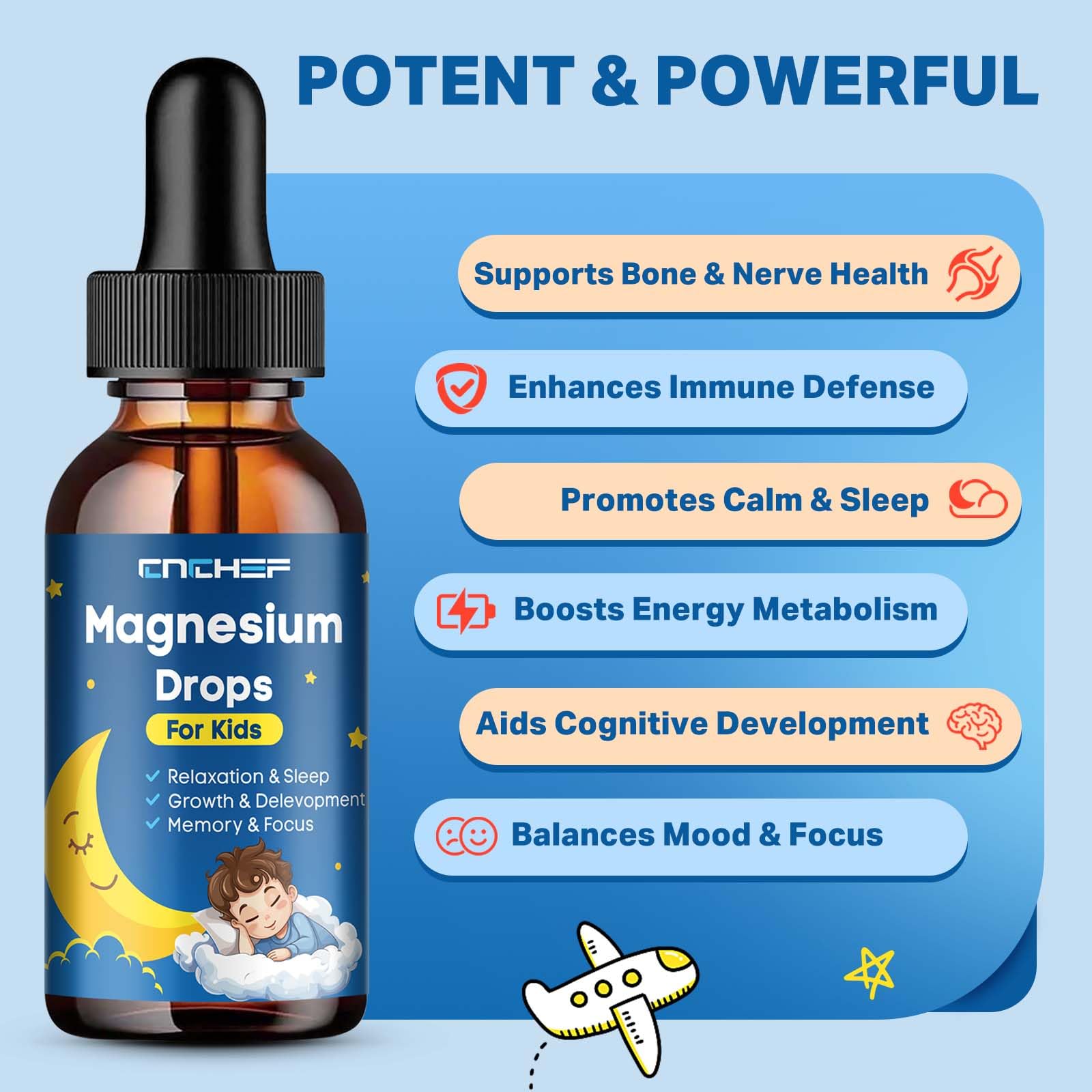 CNCHEF 2PCS Magnesium Drops for Kids – Strawberry Flavor, Glycinate + Multivitamins