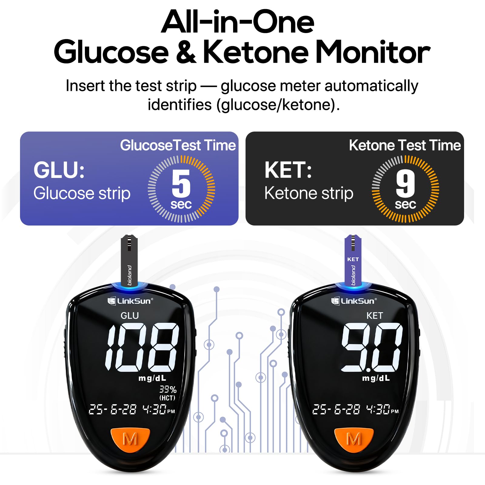 LinkSun M26-K 2-in-1 Glucose & Ketone Meter Kit – No Coding, Large Display