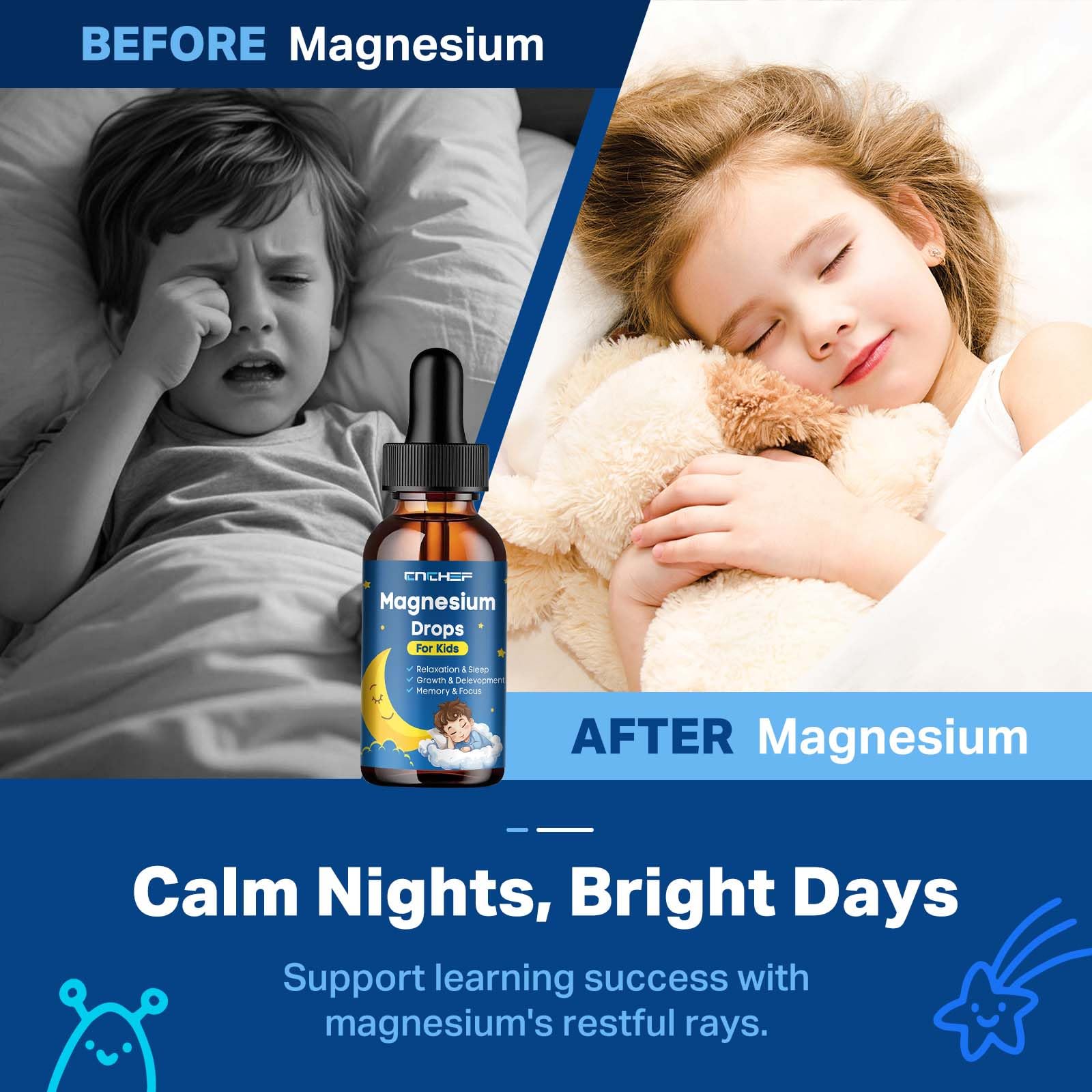 CNCHEF 2PCS Magnesium Drops for Kids – Strawberry Flavor, Glycinate + Multivitamins