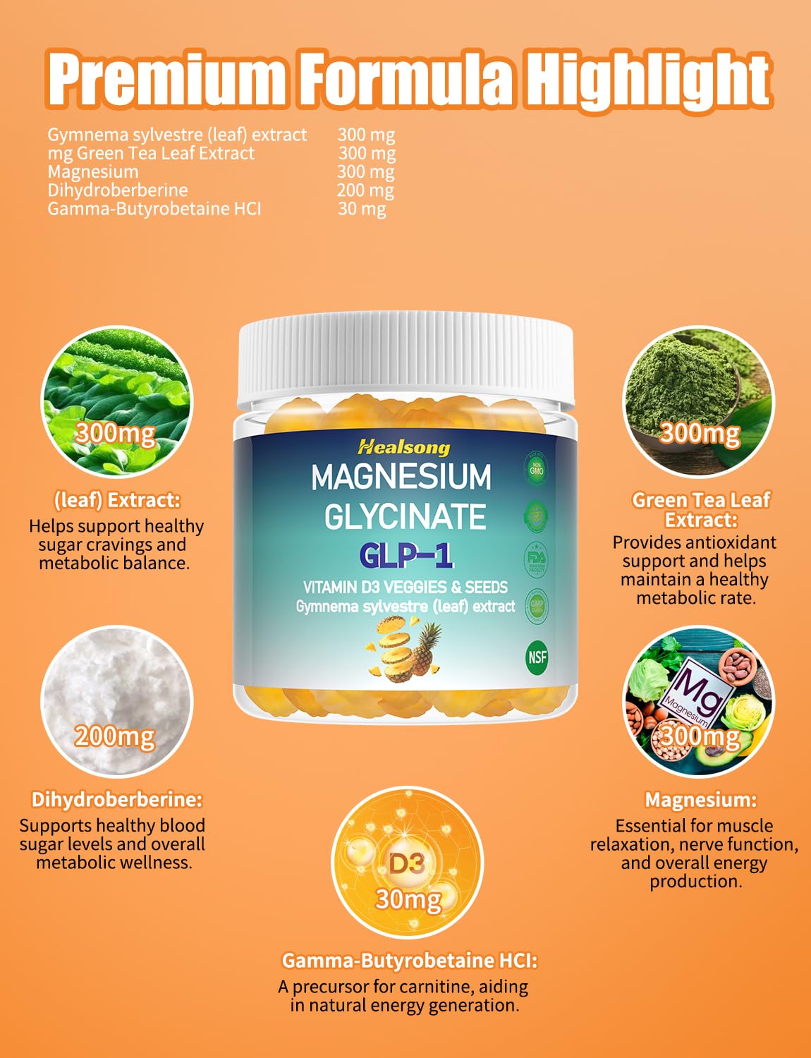 GLP-1 Magnesium Glycinate Gummies with Gymnema Sylvestre, Green Tea Phytosome & Vitamin D3 – 90 Gummies | YUMOYI SPRUCE JIYIN