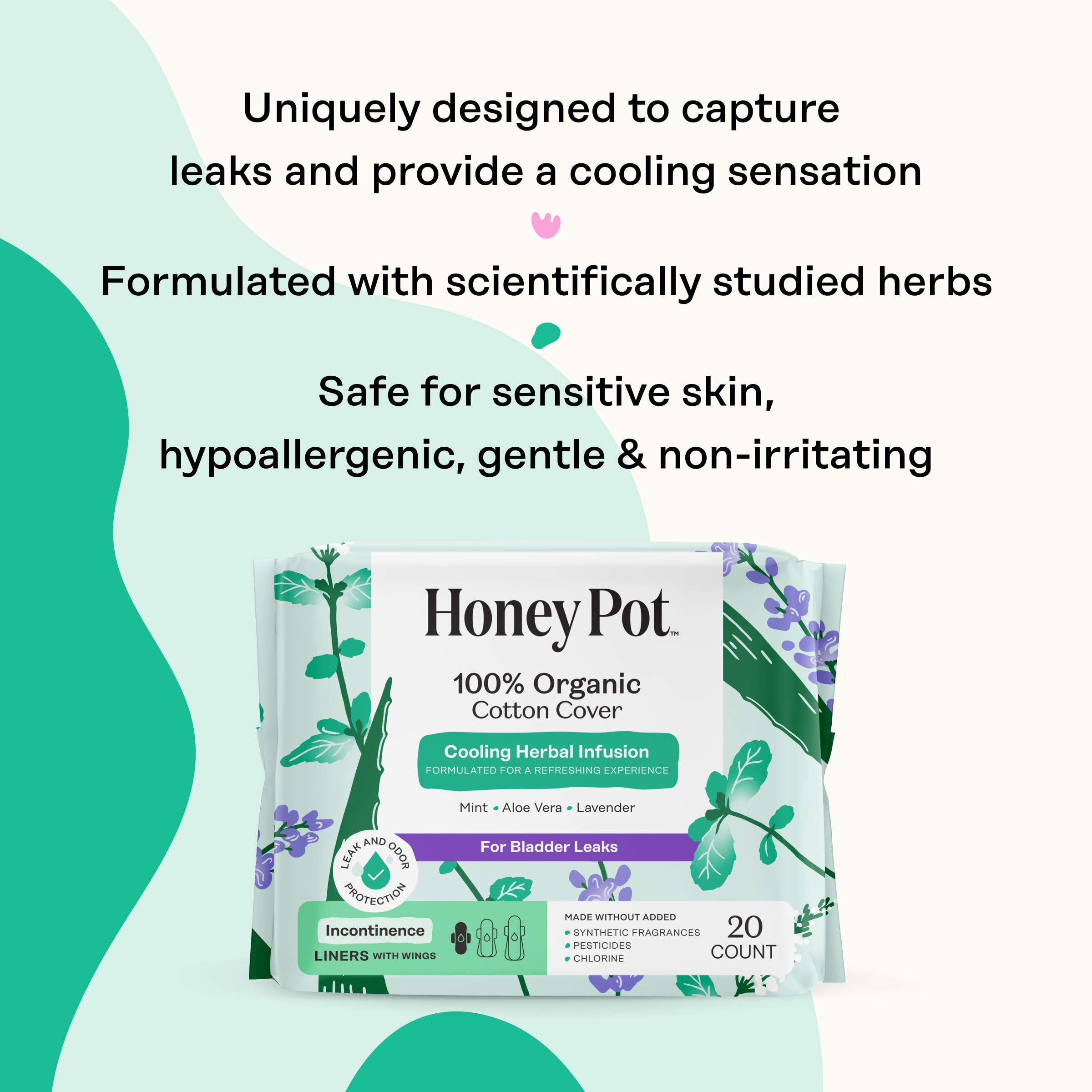 The Honey Pot Company 80ct Herbal Panty Liners – Organic Incontinence with Wings & Essential Oils