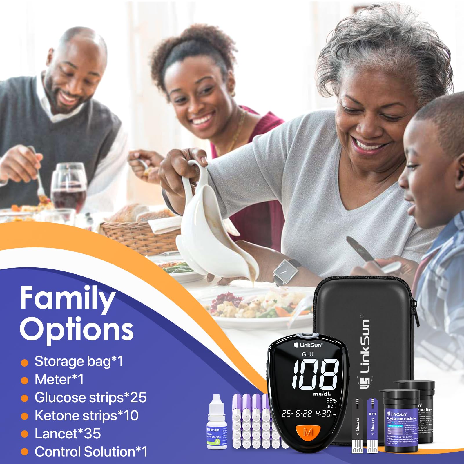 LinkSun M26-K 2-in-1 Glucose & Ketone Meter Kit – No Coding, Large Display