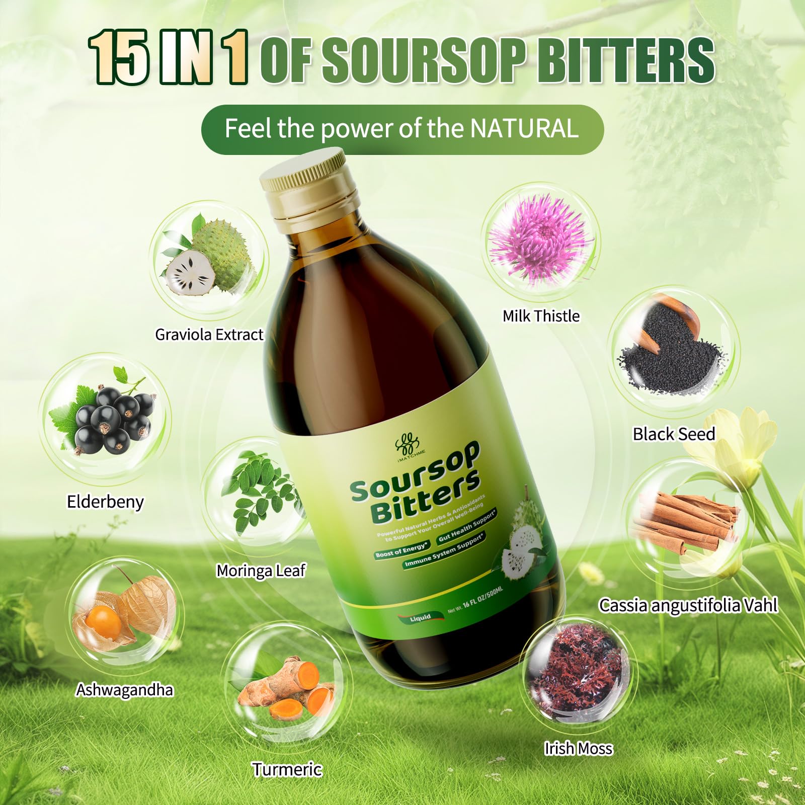 iMATCHME Soursop Bitters blend close-up highlights 15 herbs.