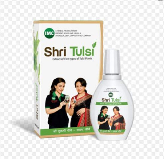 IMC Shri Tulsi Drop pour showing quick, on-the-go use.