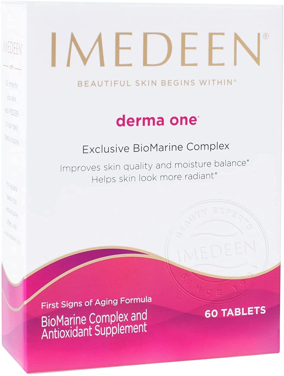 Imedeen Derma One bottle on a mirror, suggesting daily radiance support.