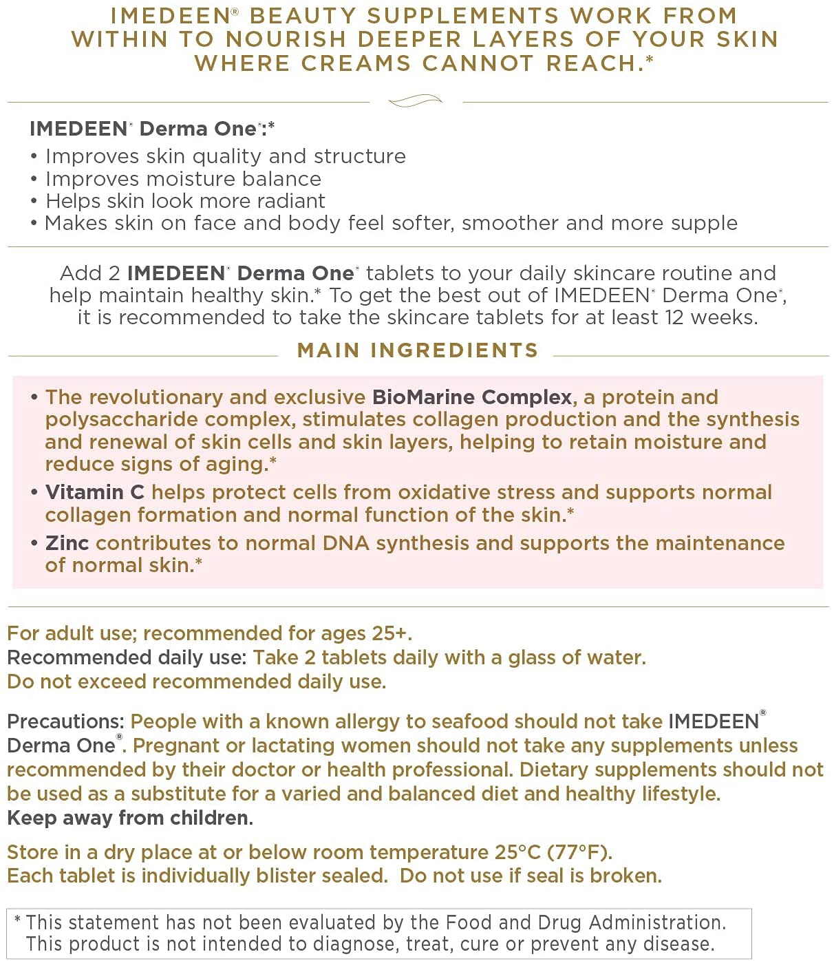 Imedeen Derma One packaging display emphasizing Marine Complex and antioxidants.