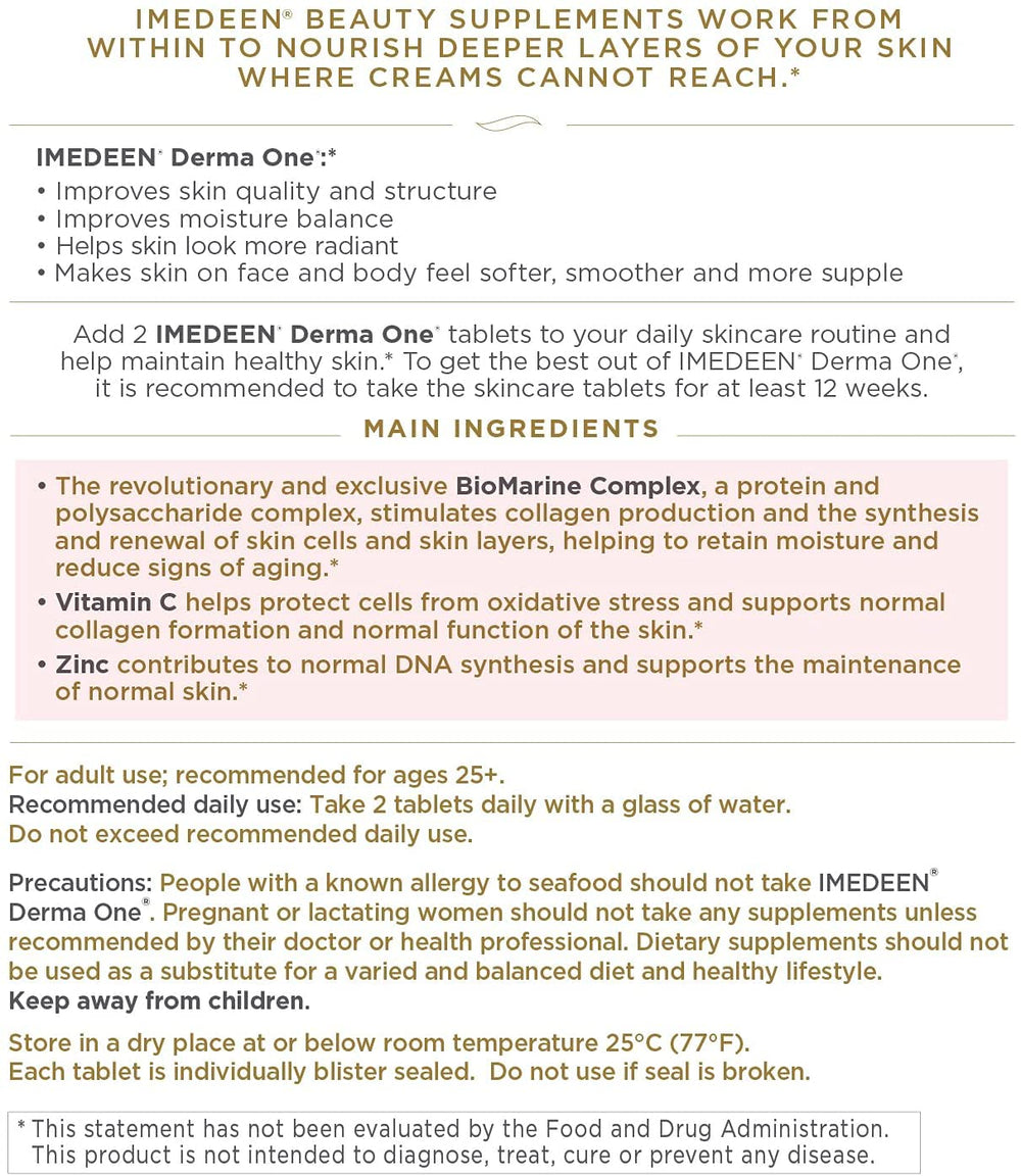 Imedeen Derma One packaging display emphasizing Marine Complex and antioxidants.