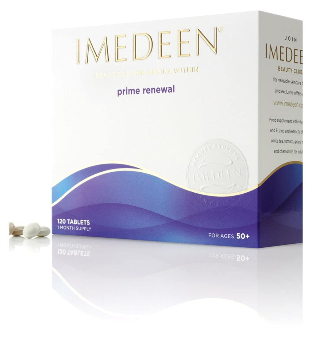 Imedeen Prime Renewal bottle beside moisturizer for a simple routine.