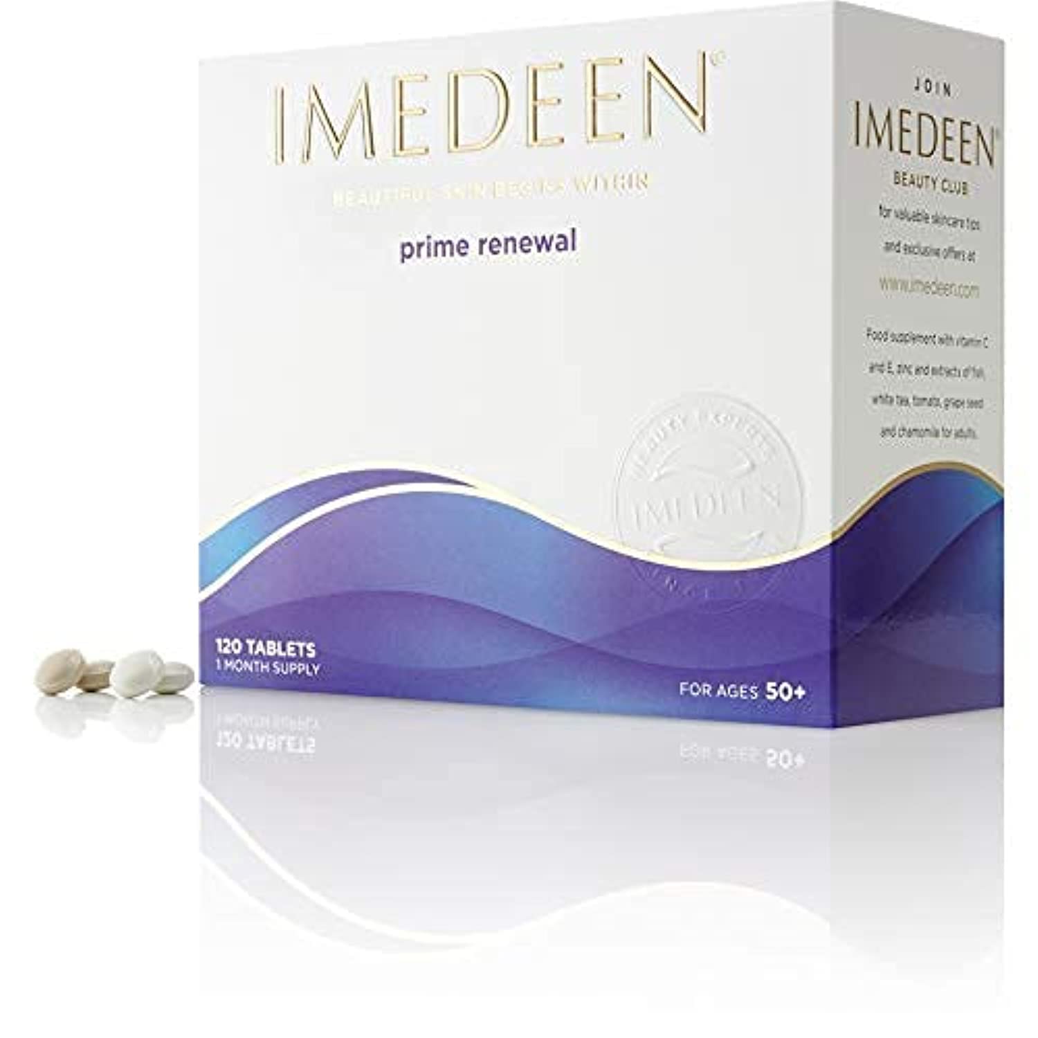 Imedeen Prime Renewal bottle on bathroom shelf, highlighting daily skin hydration support.