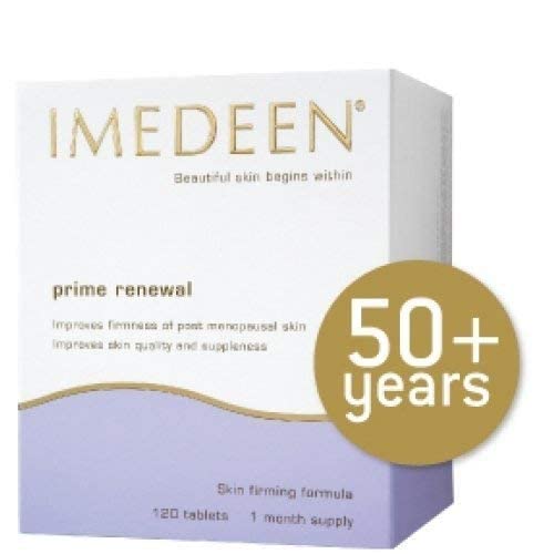 Imedeen Prime Renewal tablets in a glass with water, daily use reminder.