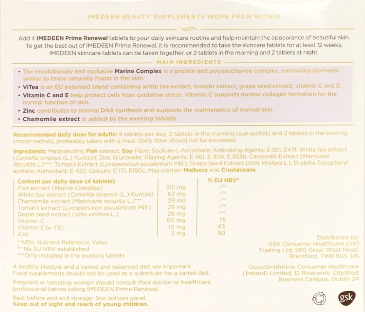 Imedeen Prime Renewal tablets arranged for an everyday skincare routine.