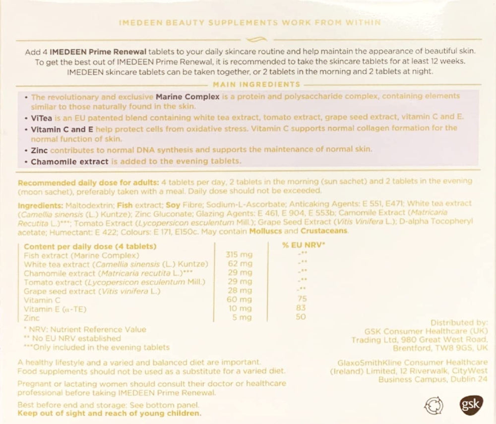 Imedeen Prime Renewal tablets arranged for an everyday skincare routine.