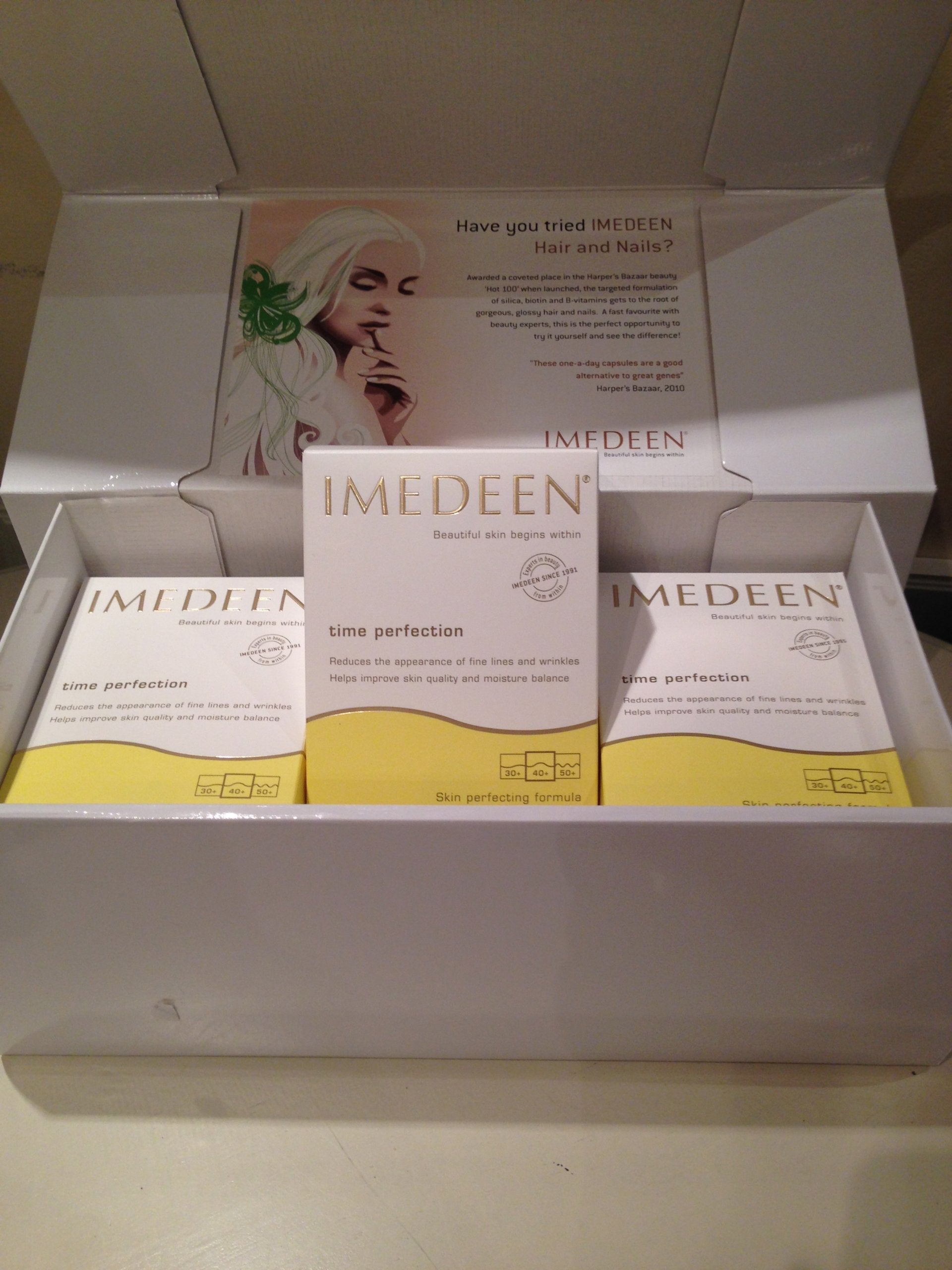 Imedeen Time Perfection 360 bottle shown, supporting moisturized, smoother-looking skin.