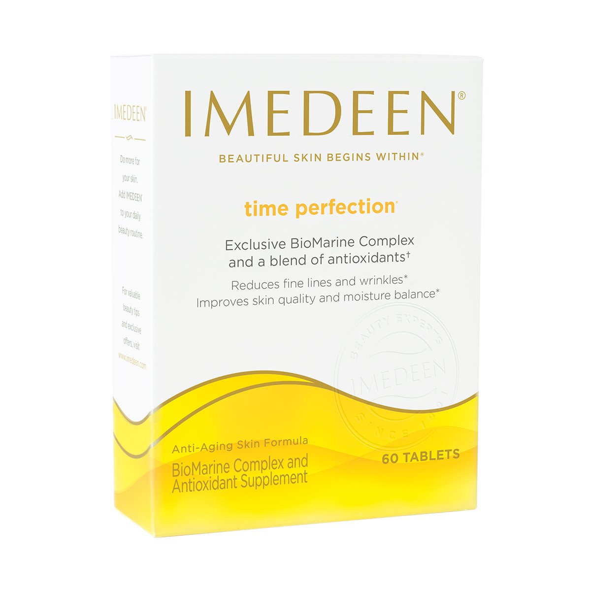 Imedeen Time Perfection bottle on a counter may support skin hydration and suppleness