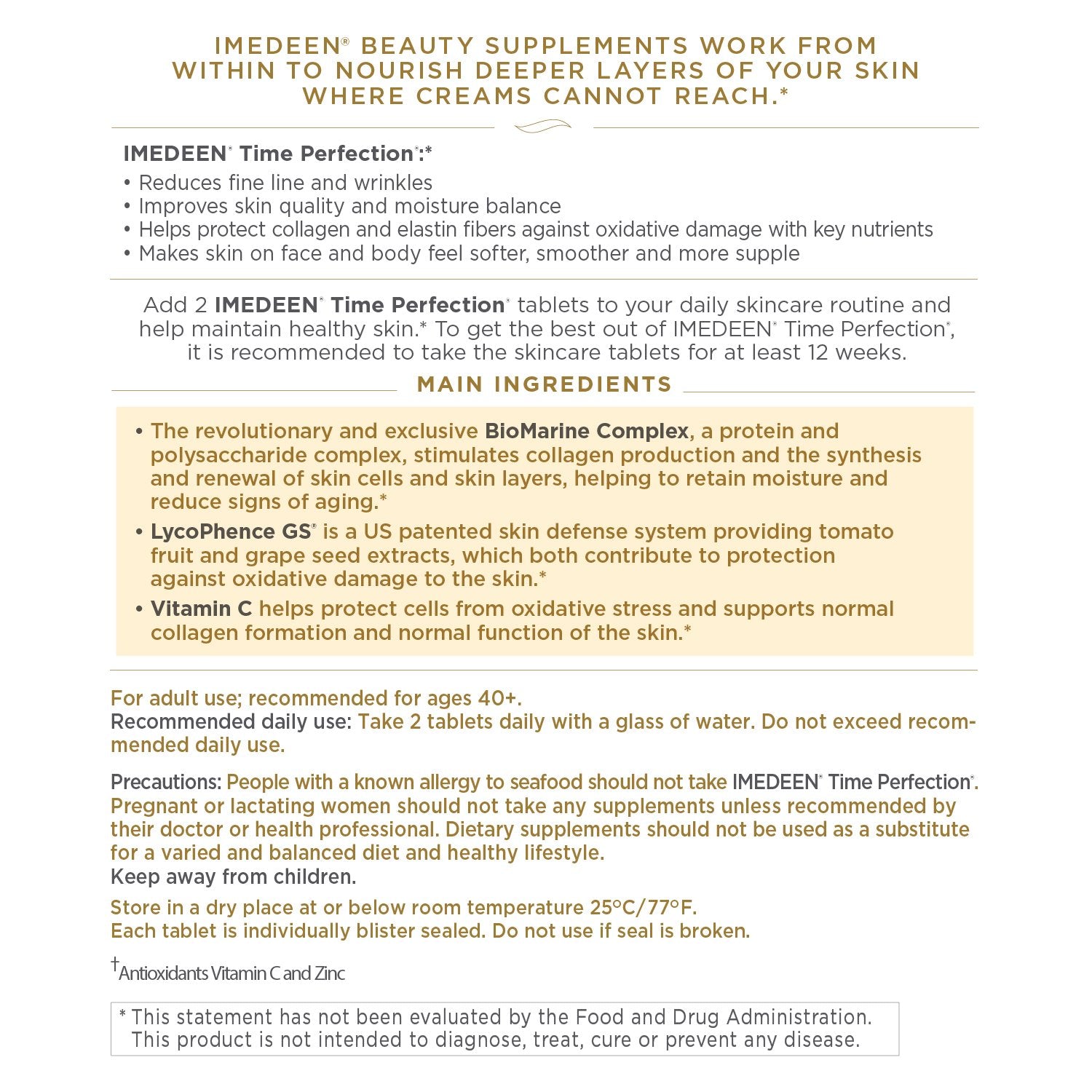 Imedeen Time Perfection packaging front showcases the month long beauty supplement