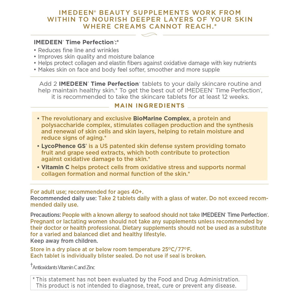 Imedeen Time Perfection packaging front showcases the month long beauty supplement