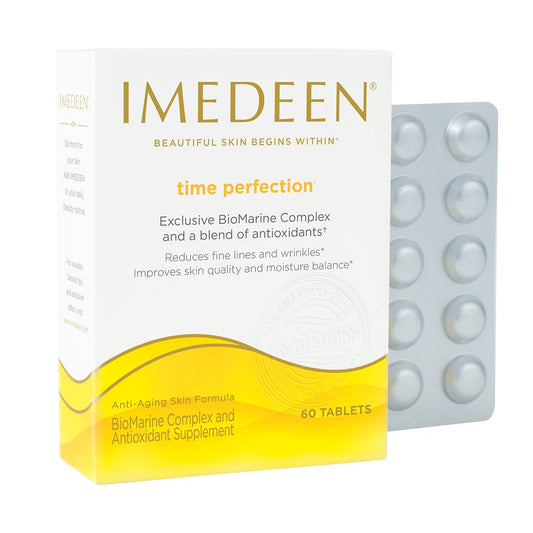 Close-up of Time Perfection tablets highlights easy daily intake for skincare support
