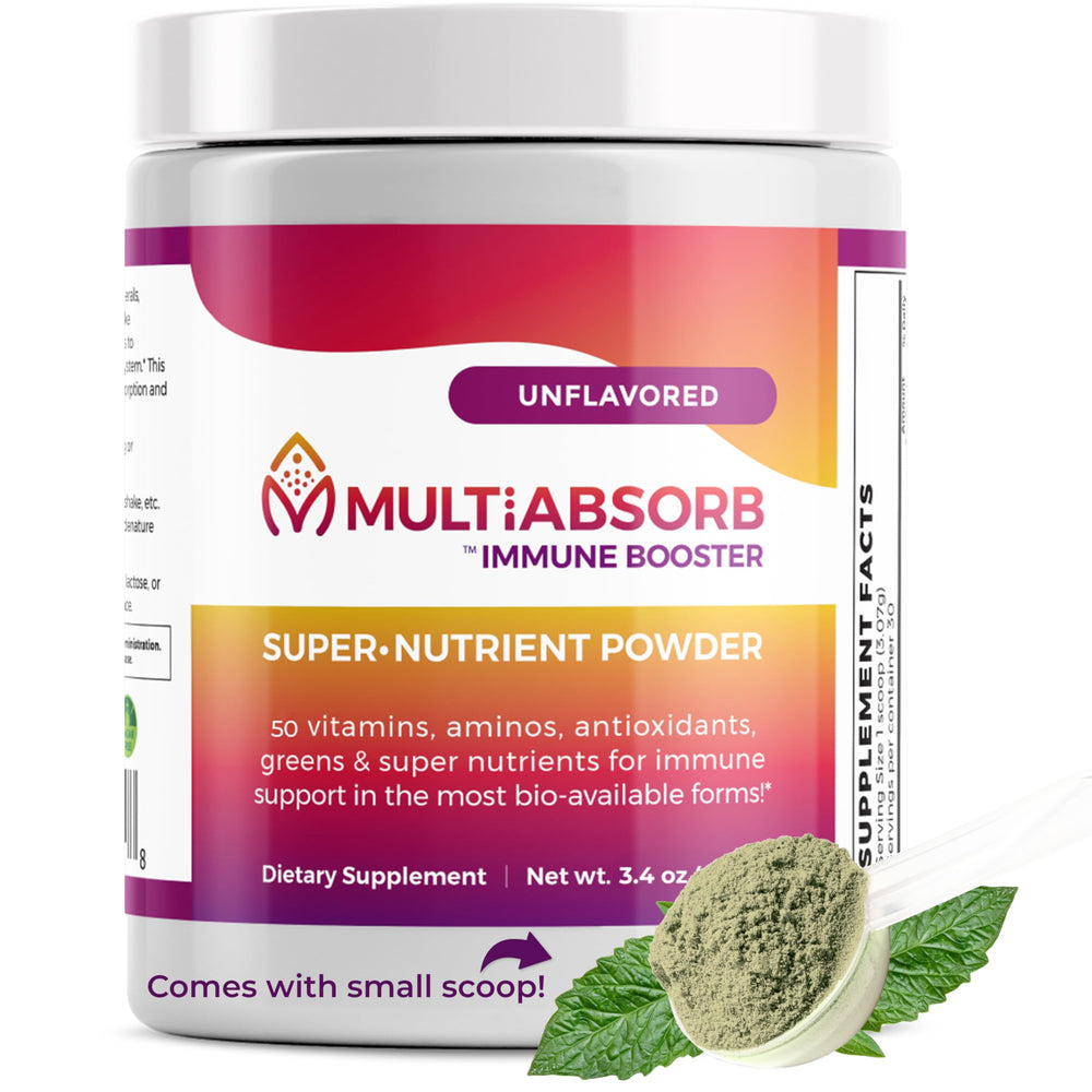 Imix Nutrition MultiAbsorb bottle front shows unflavored powder that supports daily nutrient intake.