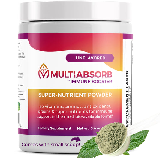 Imix Nutrition MultiAbsorb bottle front shows unflavored powder that supports daily nutrient intake.