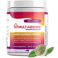 Imix Nutrition MultiAbsorb bottle front shows unflavored powder that supports daily nutrient intake.