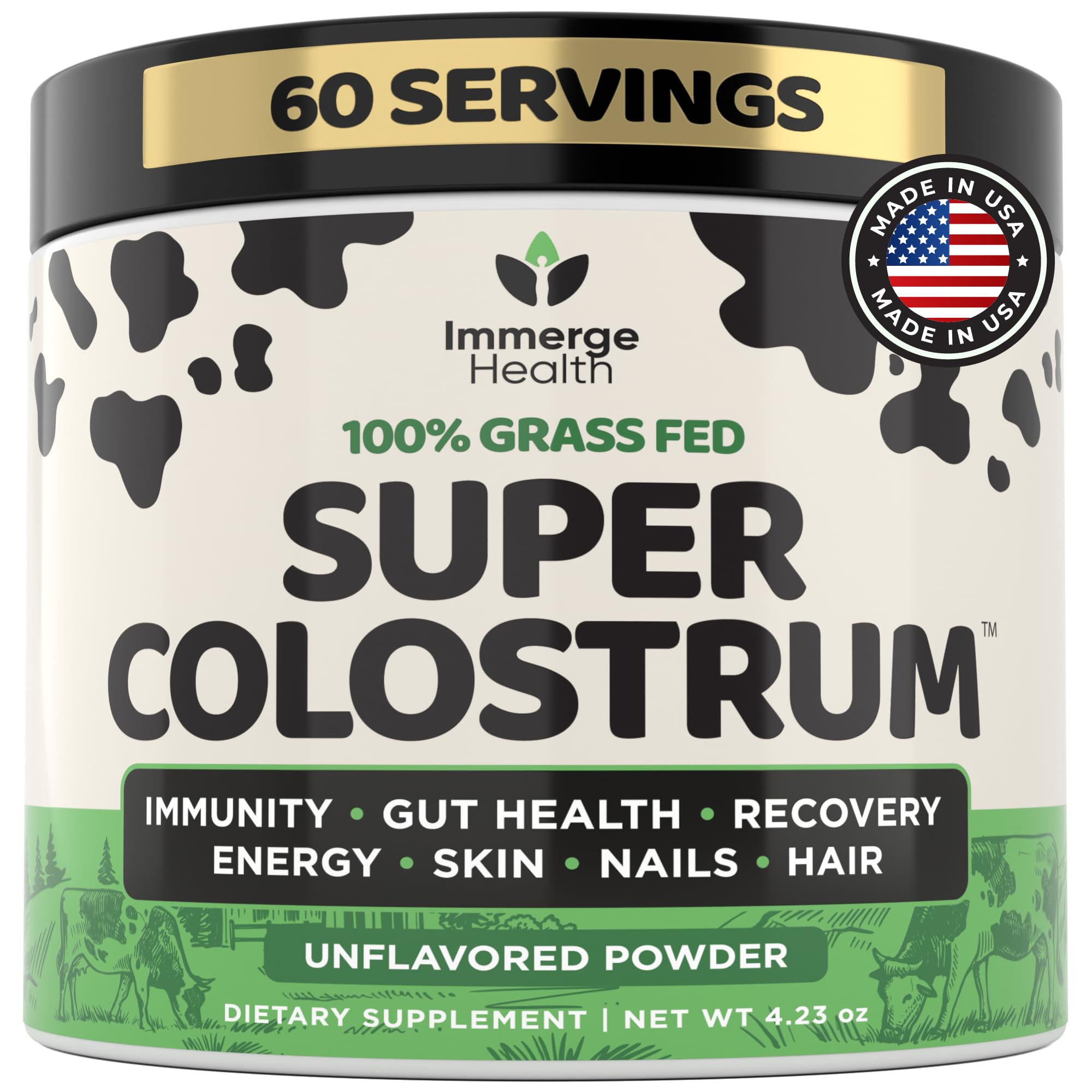 Immerge Health bottle with Super Colostrum Powder for gut-friendly daily support.
