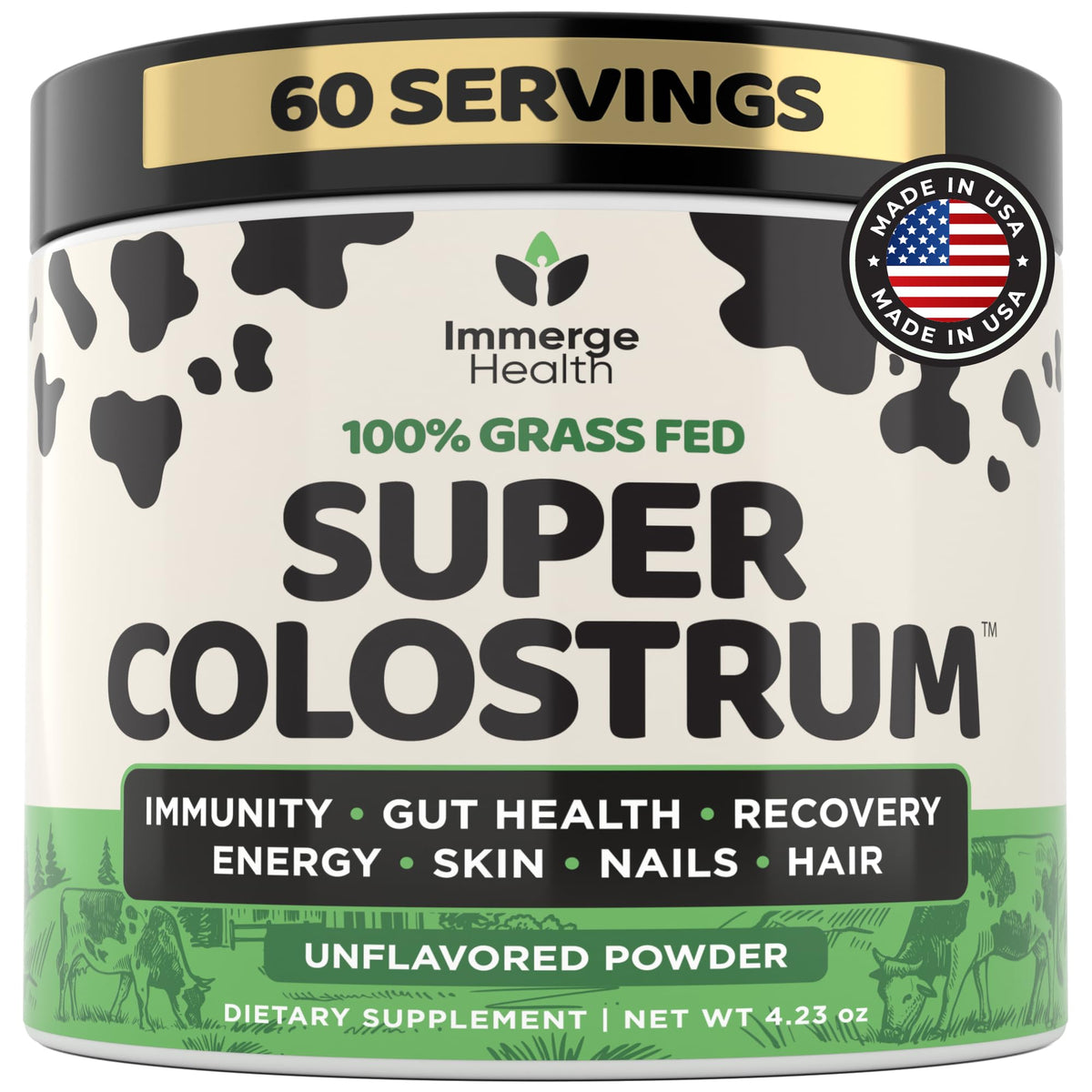 Immerge Health bottle with Super Colostrum Powder for gut-friendly daily support.