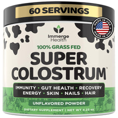 Immerge Health bottle with Super Colostrum Powder for gut-friendly daily support.