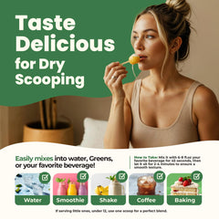 Immerge Health powder being poured into a smoothie for daily routine.