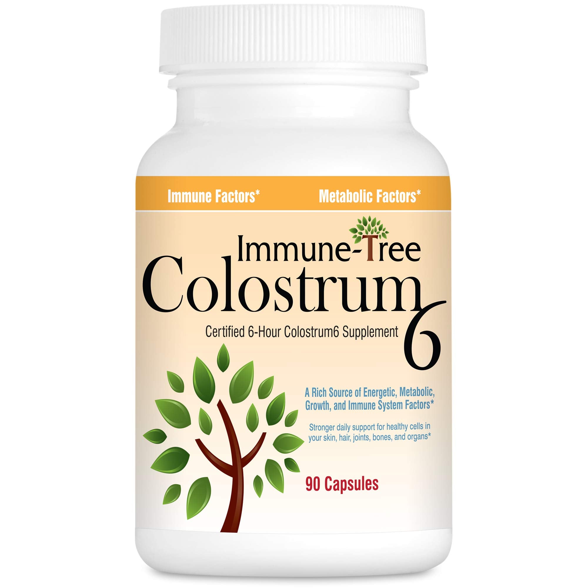 Immune-Tree bovine colostrum bottle front showing compact capsule format for daily use.