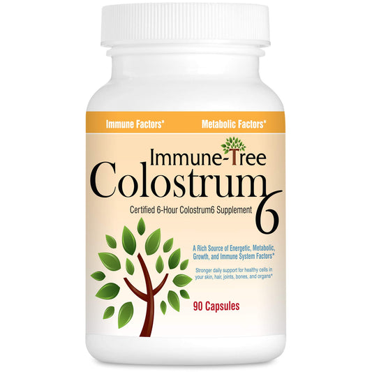 Immune-Tree bovine colostrum bottle front showing compact capsule format for daily use.