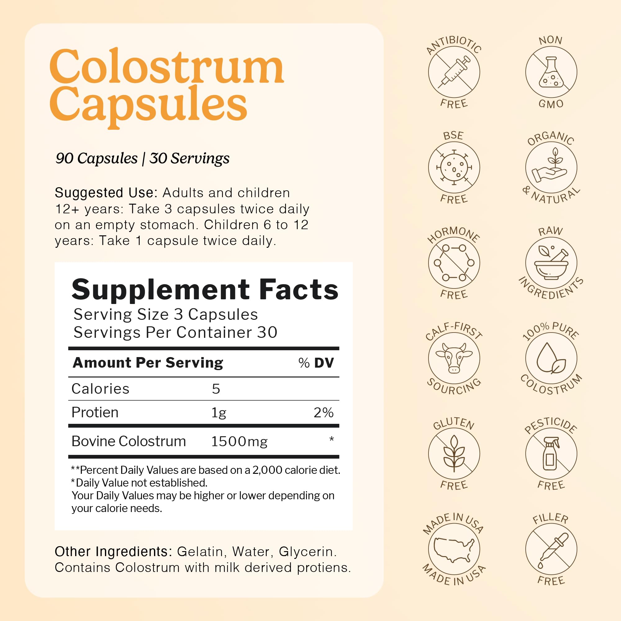 Side view of Immune-Tree colostrum bottle highlighting grass-fed sourcing and packaging.