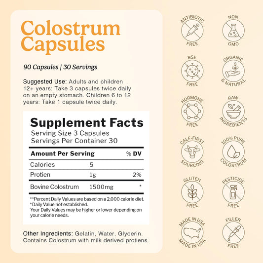 Side view of Immune-Tree colostrum bottle highlighting grass-fed sourcing and packaging.
