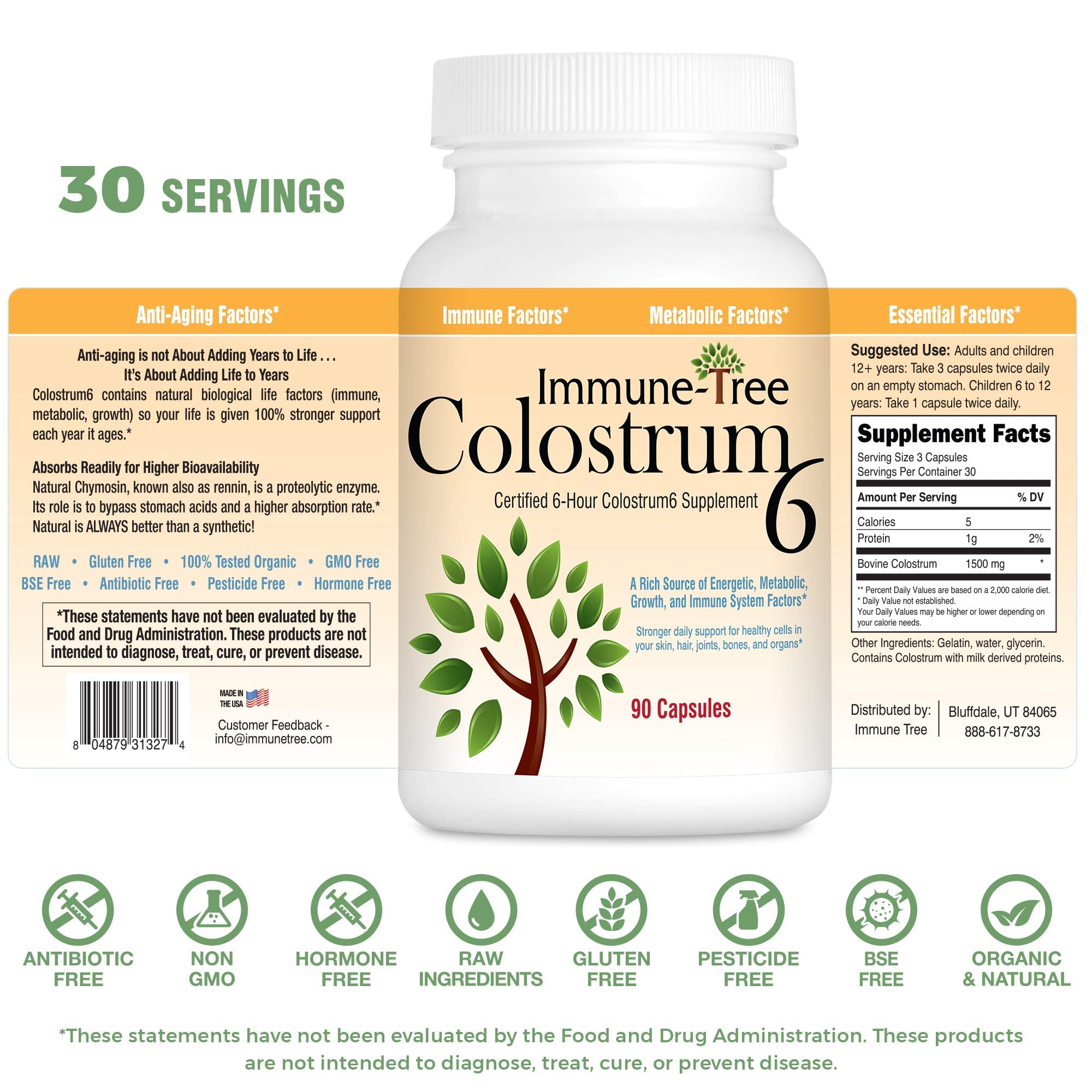 Close-up of Immune-Tree label detailing 100% pure colostrum and sourcing.