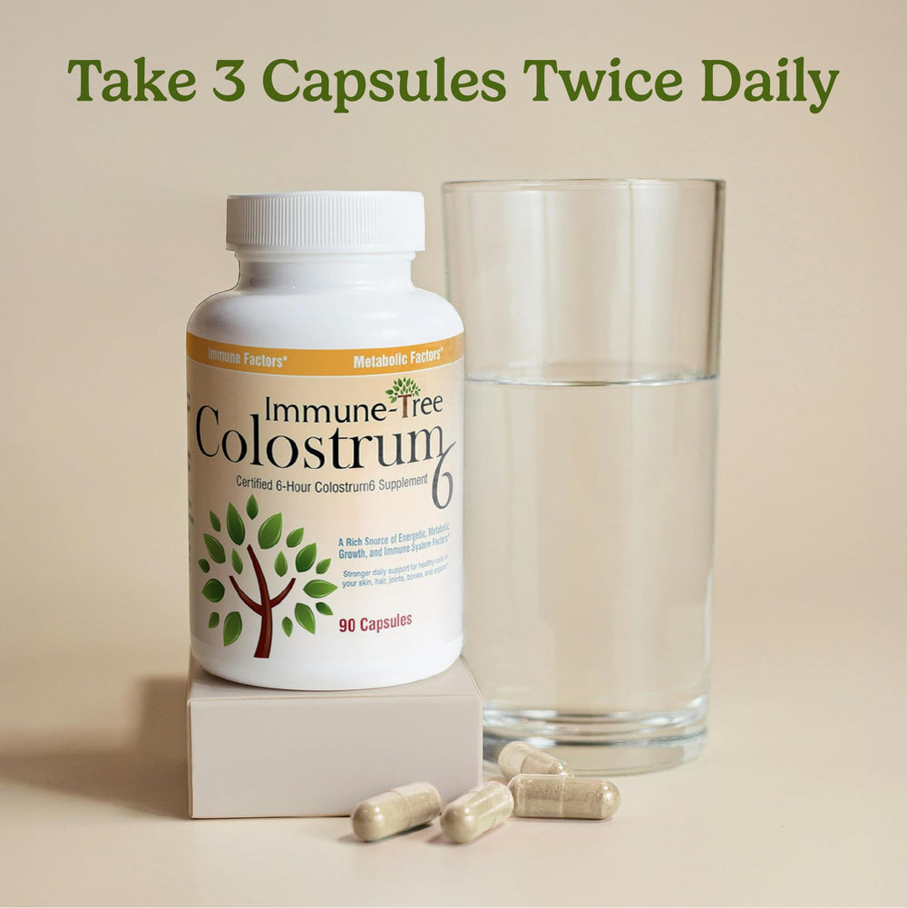 Immune-Tree colostrum capsules ready for daily immune and gut health routine.