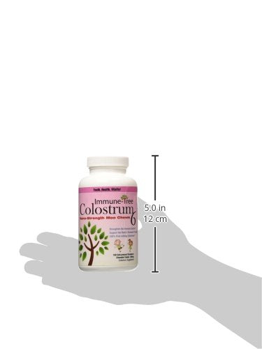 Immune Tree Moo Chews for Kids tablets close-up displays 900 mg colostrum per chew for convenient use.